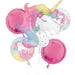 Colorful foil balloon bouquet featuring a large white unicorn head with a gold horn, pink mane, and floral crown, surrounded by four pink circular balloons and smaller unicorn balloons with "Birthday Wishes" text.