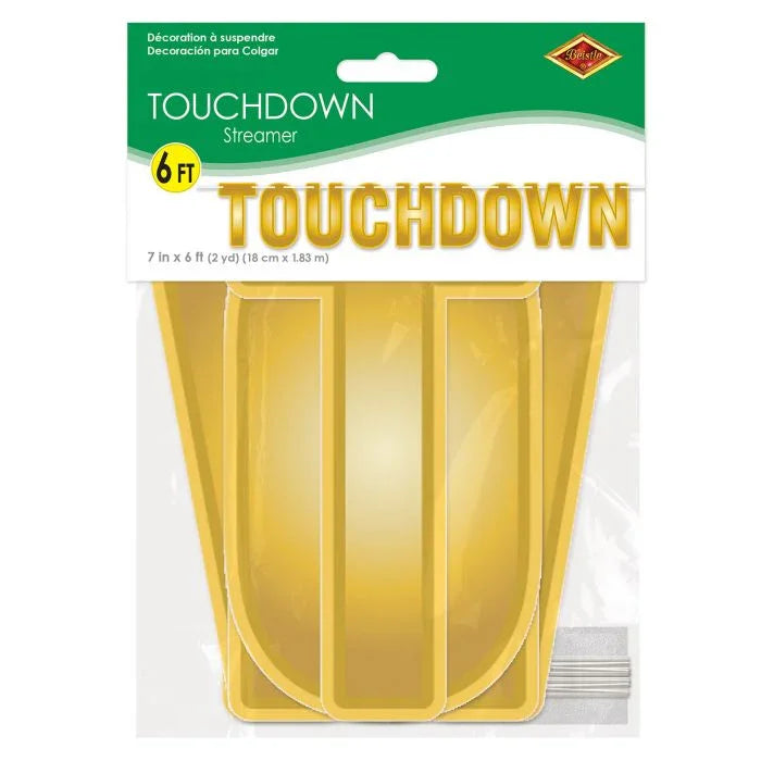 Gold "TOUCHDOWN" letter streamer decoration measuring 6 feet long with metallic finish and packaging showing the product layout.