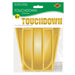 Gold "TOUCHDOWN" letter streamer decoration measuring 6 feet long with metallic finish and packaging showing the product layout.