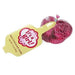 Yellow mesh bag with pink cloud-shaped label containing milk chocolate coins, paired with a burgundy mesh bag tied at the top.