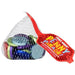 Mesh bag of colorful foil-wrapped chocolate coins next to red "Penny Parade" packaging with yellow and blue text on white background.