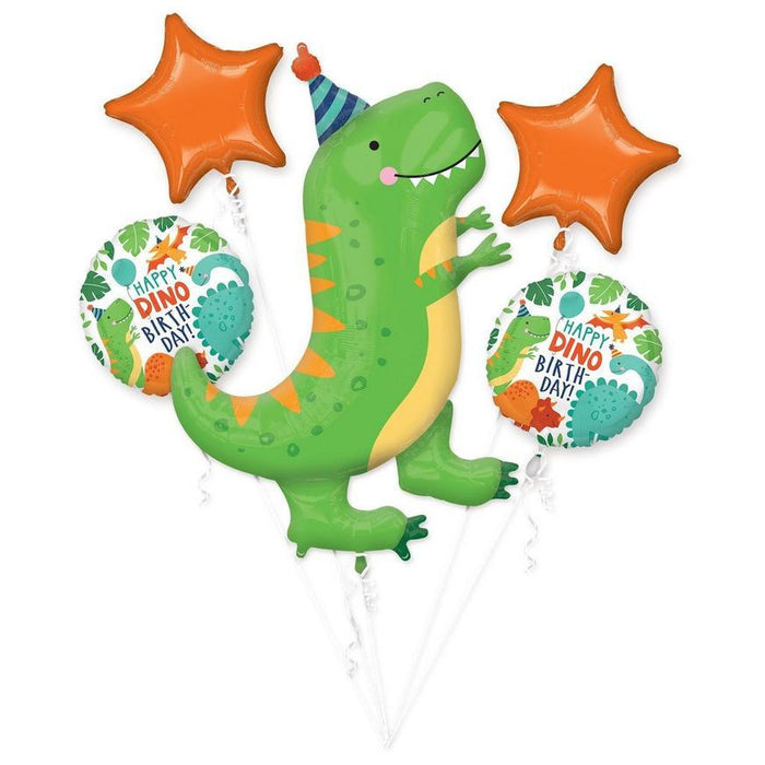 Five foil balloons in a bouquet featuring a large green dinosaur wearing a striped party hat in the center, flanked by two orange four-pointed stars and two circular "Happy Dino Birthday" balloons with colorful dinosaur designs.