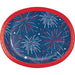 Red oval paper platter with dark blue background featuring red, white, and light blue firework bursts and scattered stars throughout.