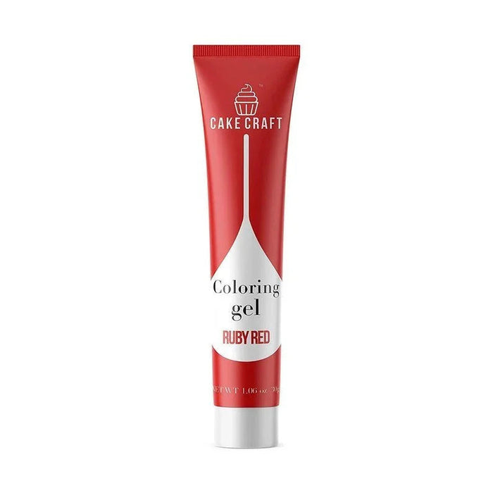 Cake Craft Ruby Red Coloring Gel tube with red and white packaging, 1.0 oz size, featuring a white spatula icon and product name on the label.