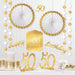 Gold and white 50th birthday decoration set featuring two paper fan backdrops, hanging garland with gold and white spheres, gold number cutouts, and "Happy 50th Birthday" wall signs.