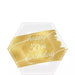 Gold foil hexagon paper plate with white script text reading "happy 50th birthday" on a white background.