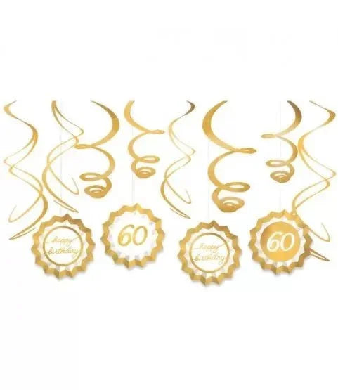 Gold spiral streamers and four gold starburst medallions labeled "60" and "Happy Anniversary" arranged in a party decoration kit.
