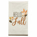Cream-colored guest towel napkin with "Hello Fall" text in brown and orange script, decorated with autumn leaves and a small flower in warm fall tones.