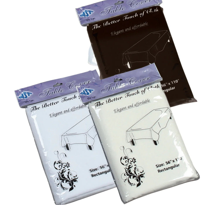 Three packaged rectangular tablecloths in white, light blue, and black, each 56" x 110", displayed with purple branded headers and decorative flourish designs.