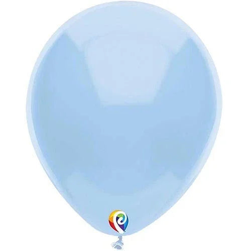 Light blue latex balloon with a colorful logo near the base, displayed against a white background.