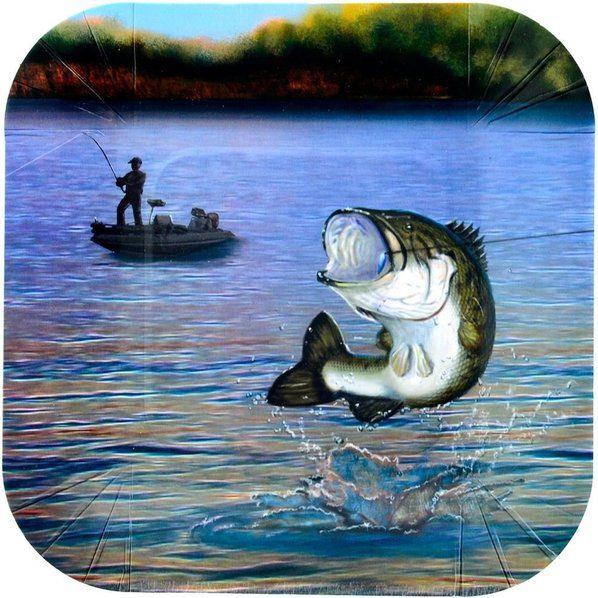 Decorative paper plates featuring an illustration of a large-mouth bass leaping from blue water with a fishing boat and angler in the background.