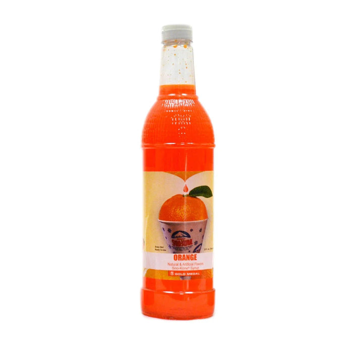 Bright orange bottle of Sno-Kone orange flavoring syrup with a white cap, featuring an orange fruit illustration and gold medal logo on the tan and orange label.
