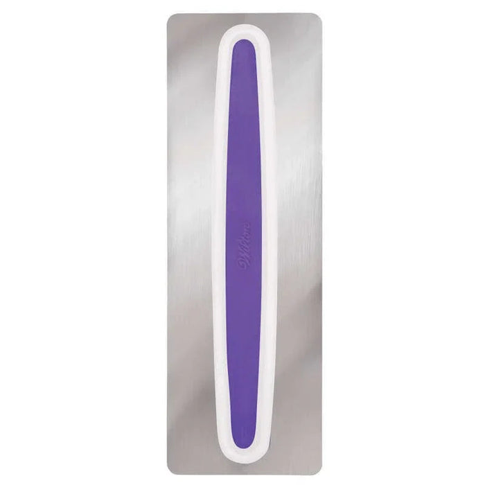 Elongated purple and white icing smoother tool with a rounded handle displayed on a gray brushed metal background.