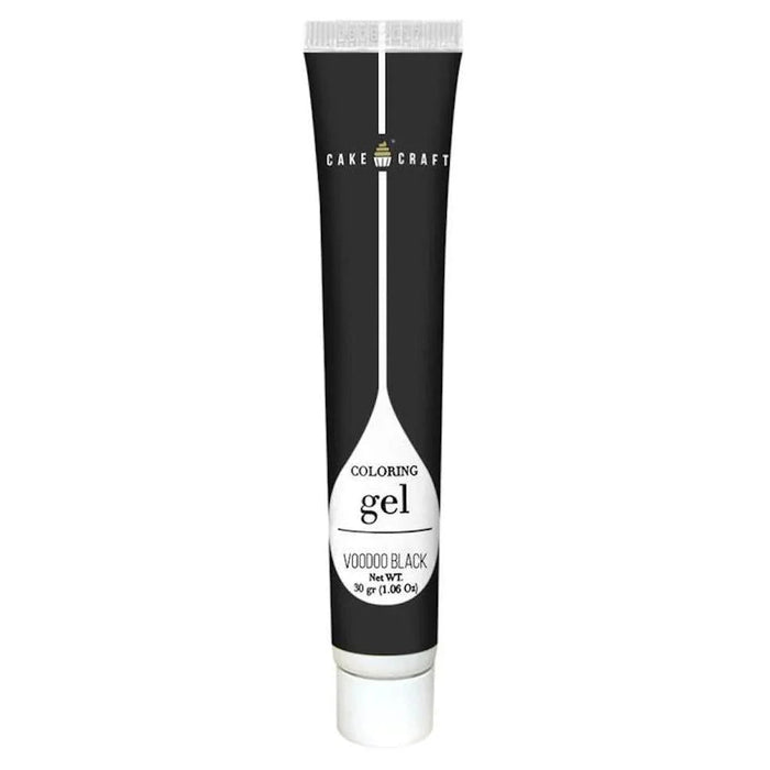 Tall black tube of Cake Craft coloring gel with white ribbed cap and label reading "Voodoo Black" and "Net WT 50 gr (1.06 Oz)".
