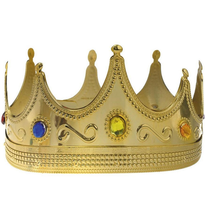 Gold-toned decorative crown with five pointed peaks, ornate beaded trim, scrollwork details, and colored gemstones including blue, yellow, and amber jewels set around the band.