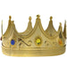 Gold-toned decorative crown with five pointed peaks, ornate beaded trim, scrollwork details, and colored gemstones including blue, yellow, and amber jewels set around the band.