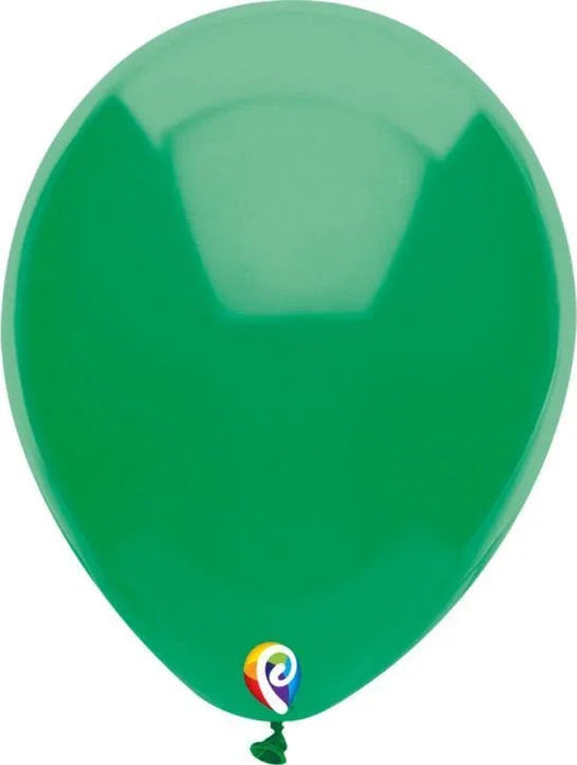 Green latex balloon with a glossy finish and rainbow-colored tie at the bottom.