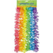 Package of six rainbow-colored flower leis arranged in vertical strands showing pink, orange, yellow, green, blue, and purple flowers in graduated color progression.