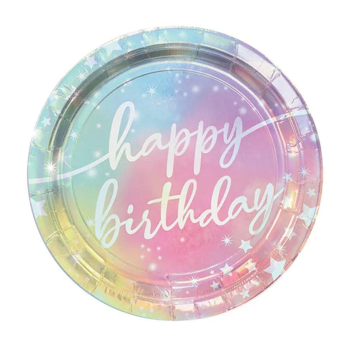 Round iridescent paper plate with pastel gradient from blue, pink, and yellow, featuring white "happy birthday" text and stars, shown as a single plate.