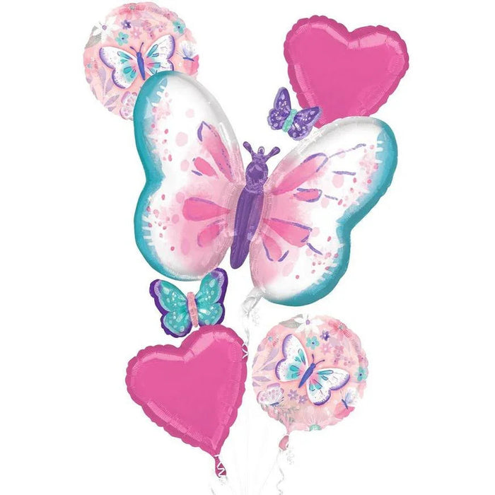 Five foil balloons in pink, white, and teal featuring butterfly designs and solid heart shapes arranged in a bouquet display.