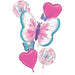 Five foil balloons in pink, white, and teal featuring butterfly designs and solid heart shapes arranged in a bouquet display.