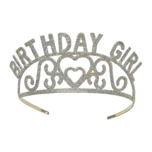 Silver glittered tiara with "BIRTHDAY GIRL" text arching across the crown and a decorative heart in the center.