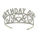Silver glittered tiara with "BIRTHDAY GIRL" text arching across the crown and a decorative heart in the center.
