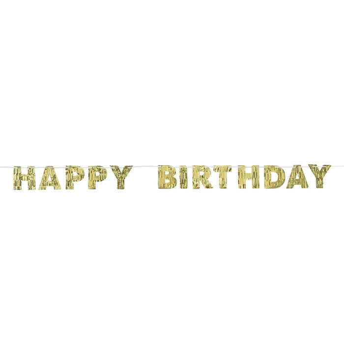 Gold foil fringe banner with "HAPPY BIRTHDAY" text displayed horizontally against a white background.