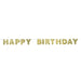 Gold foil fringe banner with "HAPPY BIRTHDAY" text displayed horizontally against a white background.