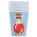 Stack of eight light blue paper cups featuring a pixelated Minecraft potion bottle design in red and brown.