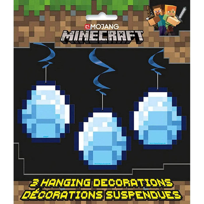 Minecraft hanging decorations package containing three blue and white pixelated diamond-shaped ornaments with attached strings and swirls against a black background.
