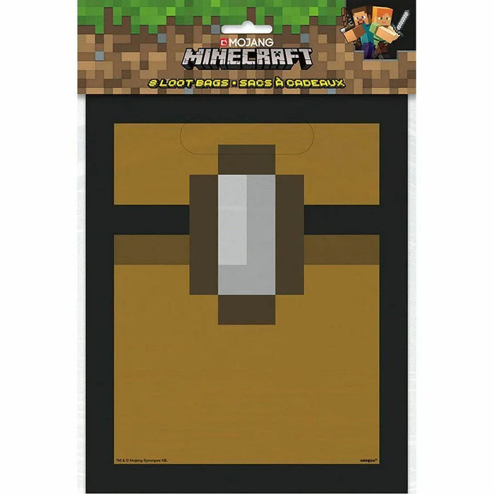 Minecraft Loot Bag packaging showing a pixelated brown paper bag with white and gray center panel design against a tan background with black border.