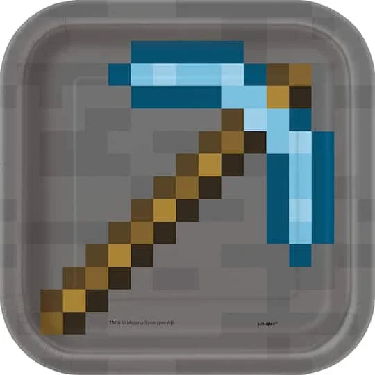Pixelated Minecraft-style square paper plates featuring a diagonal gradient pattern of brown and tan blocks transitioning to light blue and dark teal blocks on a gray background.