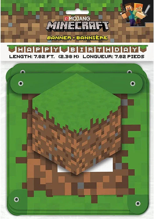 Minecraft Happy Birthday banner featuring pixelated brick blocks and green grass textures, 7.82 feet long, with metal grommets for hanging.
