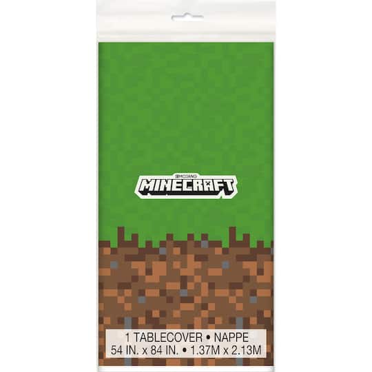 Minecraft table cover package featuring a green grass block design with pixelated dirt border and Minecraft logo.