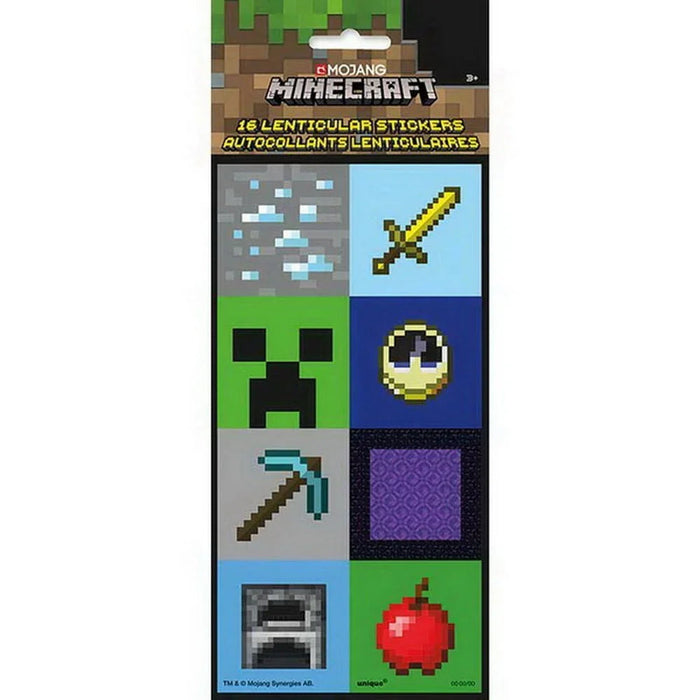 Minecraft 16-pack lenticular stickers featuring pixelated game icons including diamond sword, creeper face, pickaxe, enchanting table, apple, and moon on colorful backgrounds.