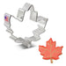 Silver stainless steel maple leaf cookie cutter with "Made in U.S.A." label displayed next to a red decorated maple leaf cookie.