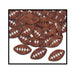 Brown foam football-shaped pieces with white stitching details scattered in a pile with three individual footballs displayed in front.