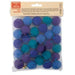 Clear plastic bag containing approximately 40 colorful pompoms in shades of purple, blue, and teal with an instructional label at the top.