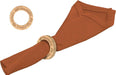 Rust-colored linen napkin rolled through a wooden ring engraved with "Thankful" text, shown with two additional wooden rings displayed separately against a white background.