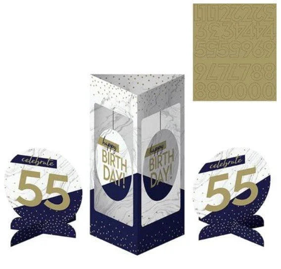 Three navy blue and gold 55th birthday celebration centerpiece stands with ribbon banners and matching circular stickers, displayed with a gold numbered pattern sheet.