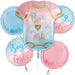 Five foil balloons arranged in a bouquet featuring a central onesie-shaped balloon in light blue and pink with "Boy or Girl?" text, surrounded by four round balloons in coordinating blue and pink with matching text.