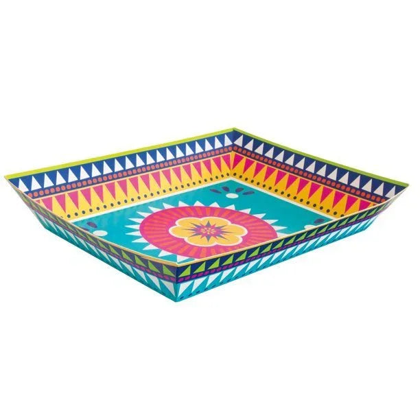Colorful square paper snack tray with turquoise center featuring a large pink and yellow flower design, surrounded by concentric borders of yellow, pink, and blue geometric triangle patterns.