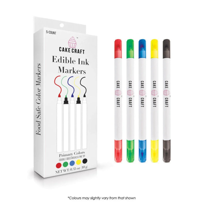 Cake Craft brand 5-count edible ink markers in primary colors displayed with packaging showing red, green, blue, yellow, and black dual-ended markers with white barrels.