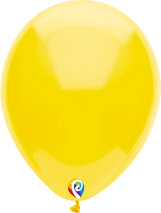 Bright yellow latex balloon with a colorful logo at the base, shown inflated against a white background.