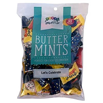 Clear plastic bag filled with colorful wrapped butter mints in gold, navy, and multicolored designs, labeled "Butter Mints" with "Let's Celebrate" text on teal banner.