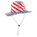 Patriotic wide-brimmed bucket hat with red and white diagonal stripes on the crown and blue star pattern on the brim, featuring a white chin strap with toggle closure.