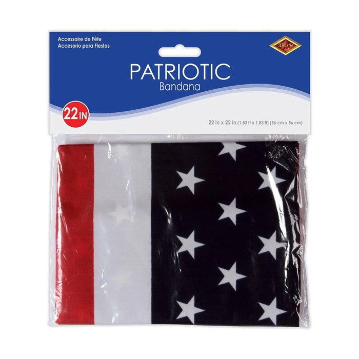 Patriotic bandana measuring 22 inches square featuring red, white, and black sections with white stars on the black portion, displayed in clear packaging.