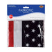 Patriotic bandana measuring 22 inches square featuring red, white, and black sections with white stars on the black portion, displayed in clear packaging.