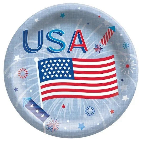 Round paper plate with "USA" text, American flag, fireworks, and stars on a light blue background.